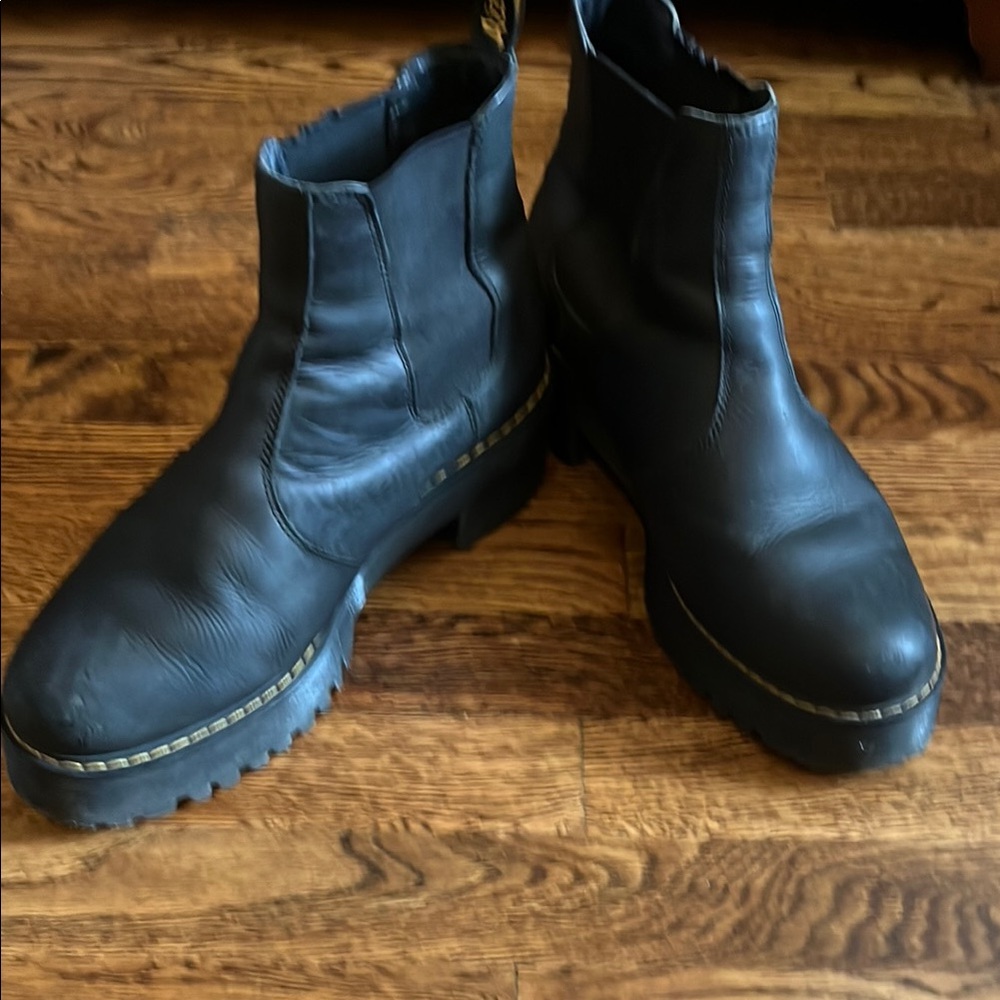 Black Leather Doc Martens  Platform Boots with Yellow Stitching